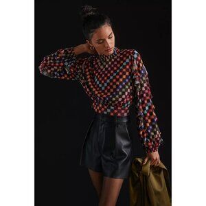 Farm Rio For Anthropologie XS Colorful Checkered Ruffle Sleeve Crop Top Blouse